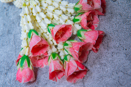 Garland with various flowers and rosesの写真素材