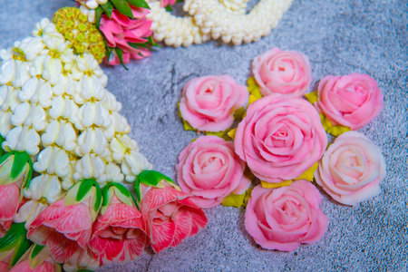 Garland with various flowers and rosesの写真素材