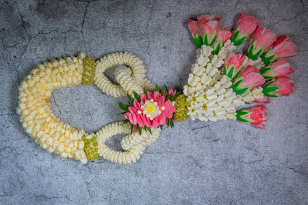 Garland with various flowers and rosesの写真素材