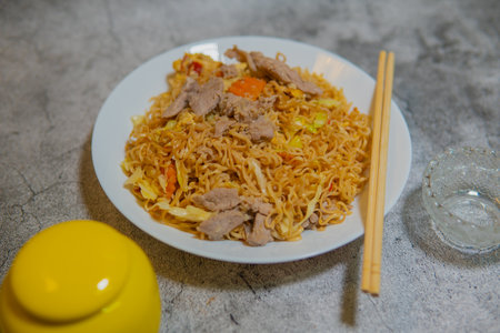 Stir-fried noodles at breakfast timeの写真素材