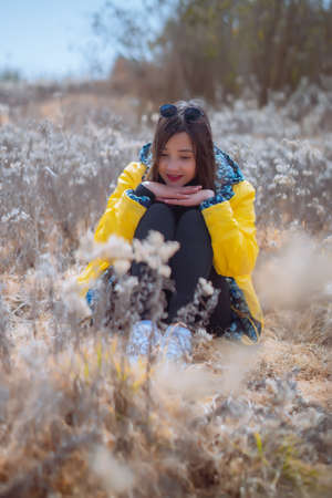 Beautiful girl in a yellow jacket with a dry flower fieldの写真素材