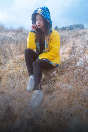 Beautiful girl in a yellow jacket with a dry flower field