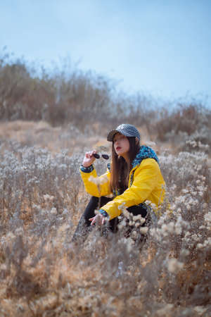 Darjeeling/India - 16 January 2020:  Beautiful girl in a yellow jacket with a dry flower fields in Darjeeling in Indiaの写真素材