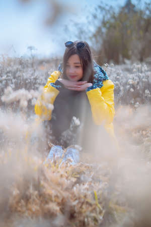 Beautiful girl in a yellow jacket with a dry flower fieldの写真素材
