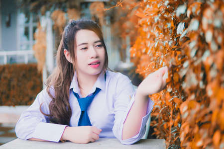 Girl sitting in a chair green tree backgroundの写真素材