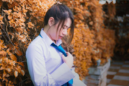 Girl sitting in a chair green tree backgroundの写真素材