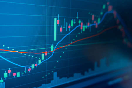 Blue Stock Exchange Market trading graph on screen laptop for  financial investment. Stock analysis...