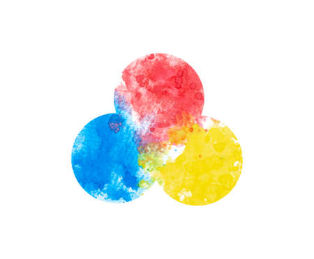 Primary colors of yellow blue and red watercolor splash and dropping on white background