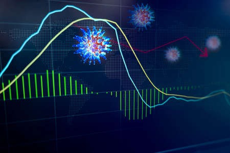 Double exposure of Coronavirus in 3D illustration and graph stock market and the global economy. Stock market chart in downtrend crisis from Coronavirus disease (COVID-19) outbreak concept.の写真素材