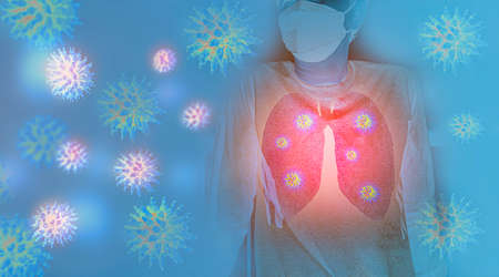 Double exposure of Coronavirus disease COVID-19 under the microscope 3D illustration with an infected person's lungs and blue background. Dangerous flu strain pandemic concept.の写真素材