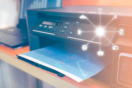 Printer with icon function of printer in home office background. Technology of printer concept.の写真素材