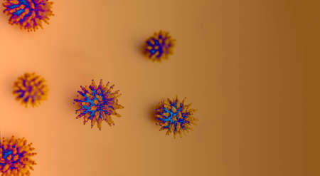 Coronavirus disease COVID-19 under the microscope 3D illustration with copy space on brown color background. Dangerous flu strain pandemic concept.の写真素材