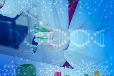 Double exposure of scientist use of dropper in laboratory with DNA strand and molecules science icon...