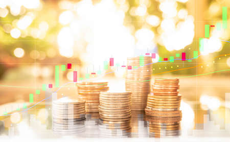 Stack of money coin with trading graph finance investor, Forex trading candlestick chart economic on...