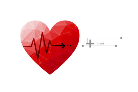 Red low polygon of heart with heartbeat or heart beat pulse on white background. Illustration simple...