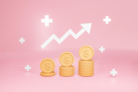 3D golden euro coins stack with white graph and plus sign on pink studio background. illustration minimal style currency growth investment diagram on saving concept.の写真素材