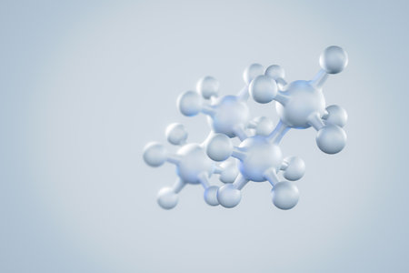 3D white atom model with blue light on white background. illustration 3d technology of science abstract background with molecular structure concept.の写真素材