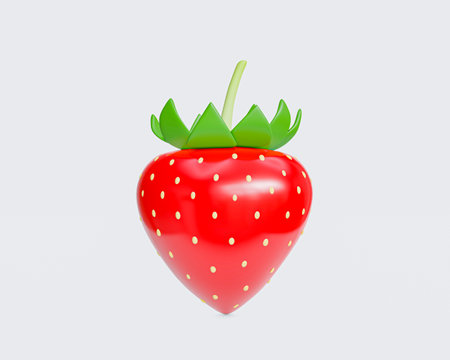 3d rendering of red strawberry with green leaves on white background. 3d fruit concept.の写真素材