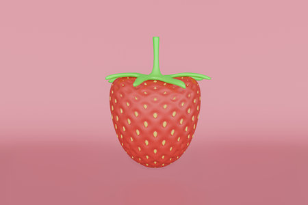 3d rendering of red strawberry with green leaves on pink studio background. 3d fruit concept.の写真素材