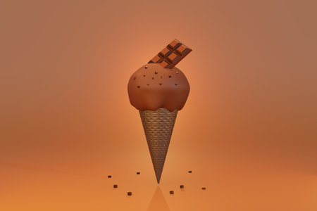 3d render of dark brown ice cream with chocolate bar and waffle cone on studio background. 3d Illustration of a chocolate flavour ice cream cone.の写真素材