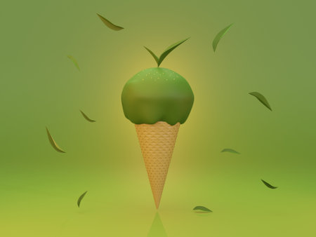 3d render of green ice cream with green tea leaf and waffle cone on studio background. 3d Illustration of a green tea flavour ice cream cone.の写真素材