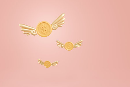 3d Gold dollar coins with white wings on pink background. illustration minimal style flying money for expenses concept.の写真素材