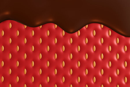 3d render of red strawberry texture pattern background with chocolate sauce  flow. Illustration of a strawberry and chocolate flavor dessert background concept.の写真素材