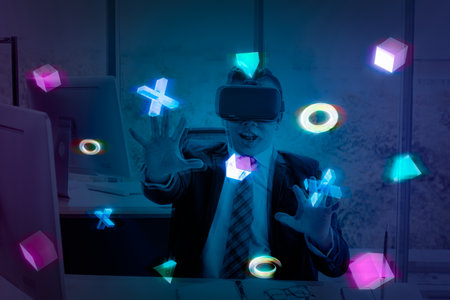 Businessman use a VR glasses with 3d effect of future virtual simulation in office. Businessman and future technology concept.の写真素材