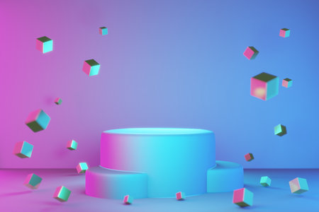 3d podium minimal style with neon light pink and blue color in the room on scene studio background. Stage 3d cube for cosmetic product in technology podium scene concept.の写真素材