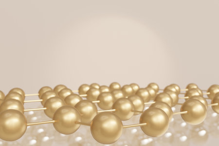 3D gold molecule or atom floating in air on light gold background. Abstract structure for science. illustration 3d render collagen molecule concept.の写真素材
