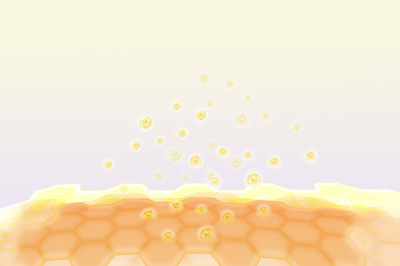 Gold molecule or atom floating in air with skin on light gold background. Abstract structure for science. illustration collagen molecule concept.の写真素材