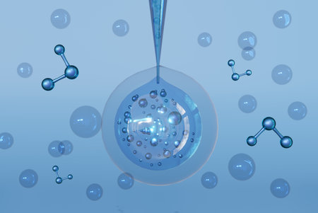 Abstract blue cell or bubble and vitamin drop on equipment science lab background. illustration macro technology of treatment cellular level skin.の写真素材
