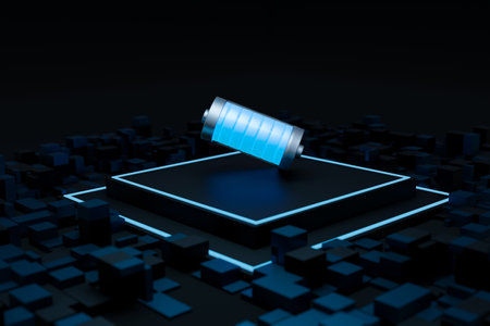 3D blue battery with technology background. Research and development batteries with solid electrolyte energy storage for future car industry. 3d render Illustration for technology of electric vehicle (EV) concept.の写真素材