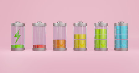 Set 3d render of lithium batteries with colorful charging level on pink background. illustration 3d rendering of electrical energy and power supply source concept.の写真素材