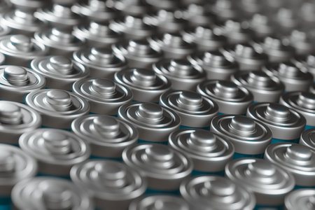 3d render Pile of lithium batteries ordered with blue charging level closeup view. illustration 3d rendering of electrical energy and power supply source background concept.の写真素材
