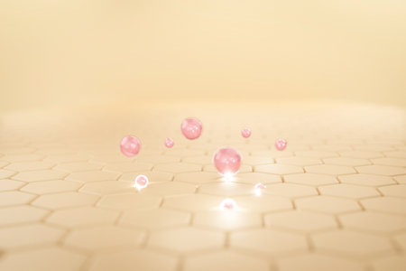 3d pink collagen double bubble and vitamin drop on skin cell on brown background. illustration 3d rendering macro technology of treatment cellular level skin.の写真素材