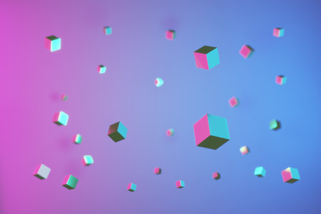 Abstract 3d cube on pink and blue background. illustration 3d rendering simple futuristic cube background concept.の写真素材