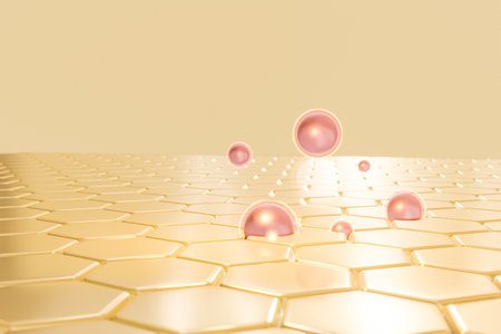 3d pink collagen double bubble and vitamin drop on skin cell on gold background. illustration 3d rendering macro technology of treatment cellular level skin.の写真素材