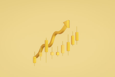 Gold 3d rendering candlestick chart with going up golden graph on studio background. illustration of financial and stock markets in minimal style concept.の写真素材