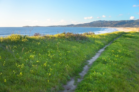 Beautiful scenic path on the green bluff above the ocean beachの写真素材
