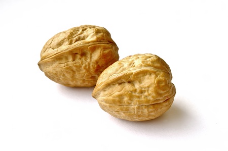 Two walnuts close up isolated on white backgroundの写真素材