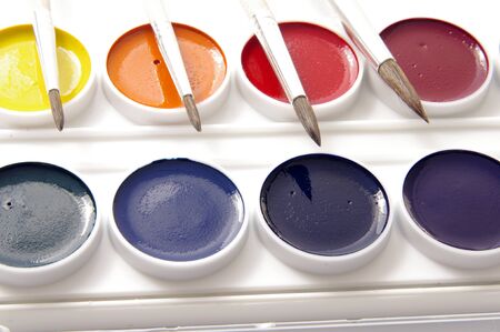 Watercolors and brushes の写真素材