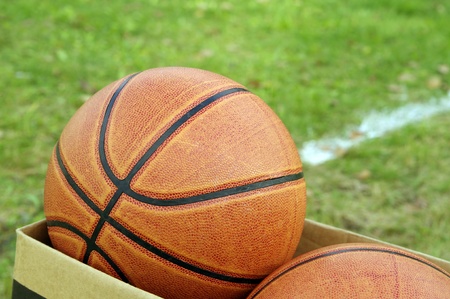 Basketball and green grass の写真素材