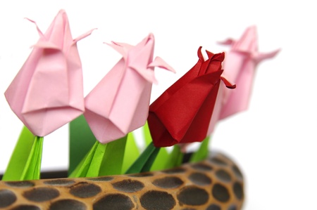 Origami tulips in braun pot, detailの写真素材