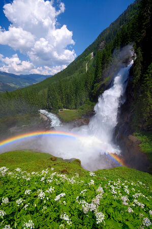 rainbow in krimml waterfalls austriaの写真素材
