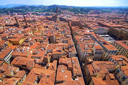Panoramic Aerial view from the top of Florence cathedral in Florence Italy. Aerial view of Florence Old Town from Duomo Domeの写真素材