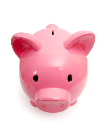 Piggy bank style money box isolated on a white studio backgroundの写真素材