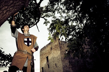 Knight Posing In Front Of A Fortress Ruinの写真素材