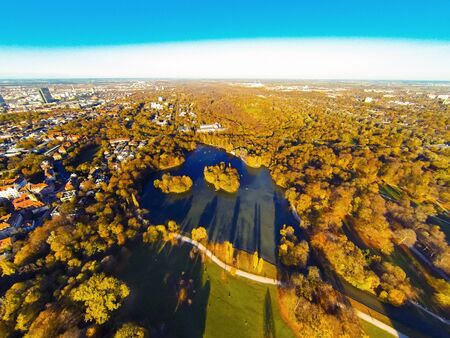 Aerial View Of Urban Park With Lakeの写真素材