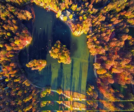 aerial view of lake with small islandの写真素材